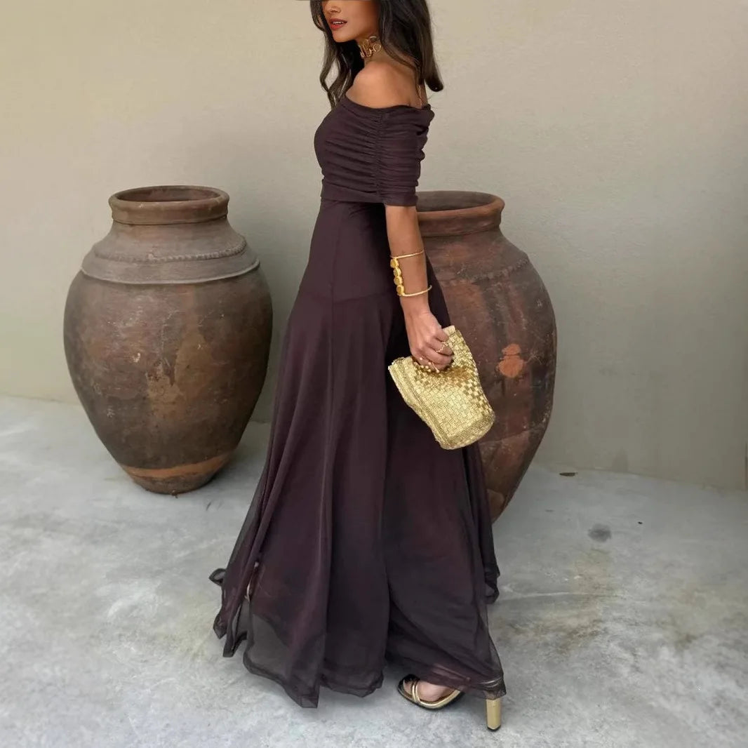 Elegant Mesh Splice Slimming Women'S Dress Artistic Vintage Style Long Skirt Princesse Style One Shoulder Sleeveless Midi Dress