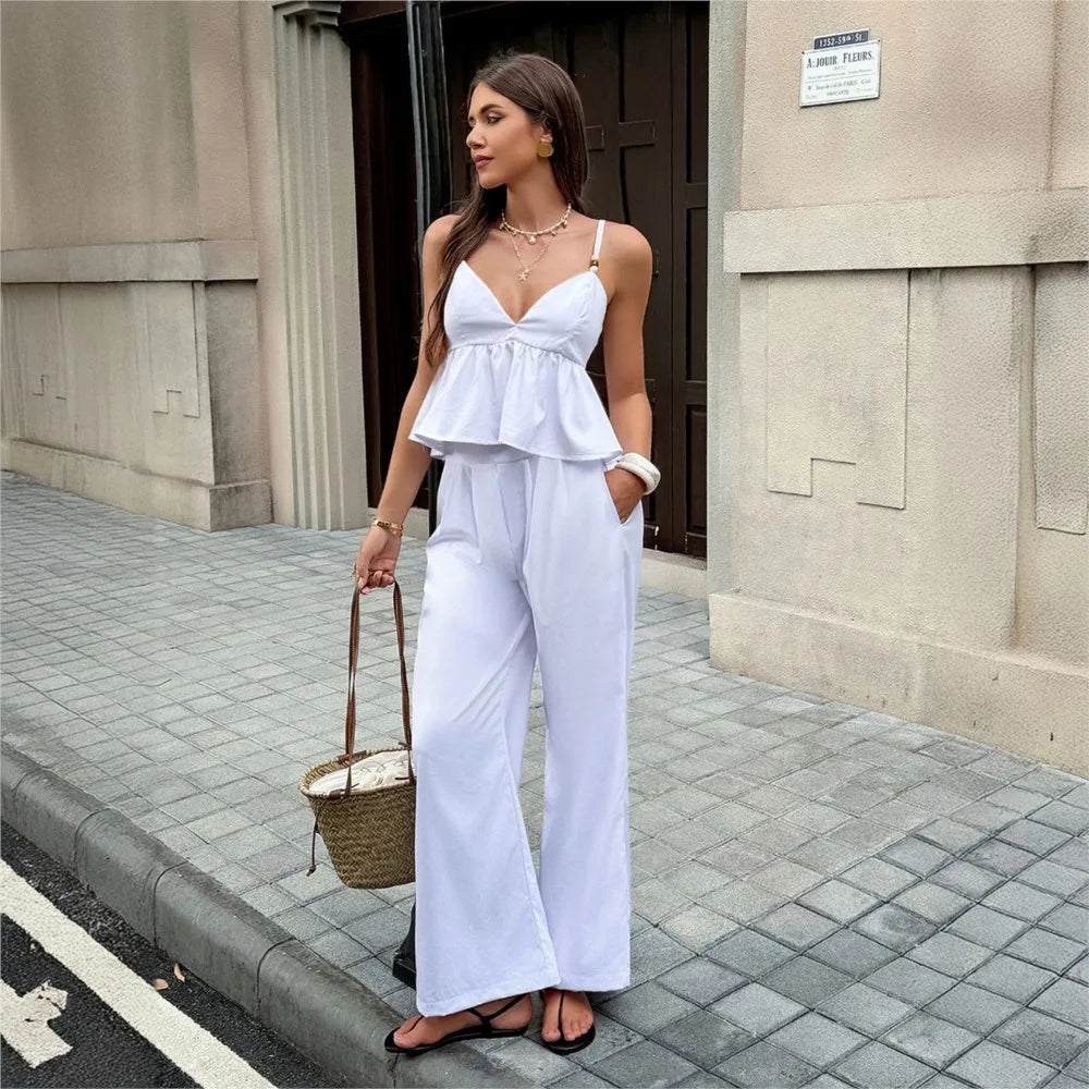 Women'S Two-Piece Solid Color Ruffled V-Neck Halter Top + Wide-Leg Pants Suit Casual Commuting Vacation Beach 2-Pieces Outfit