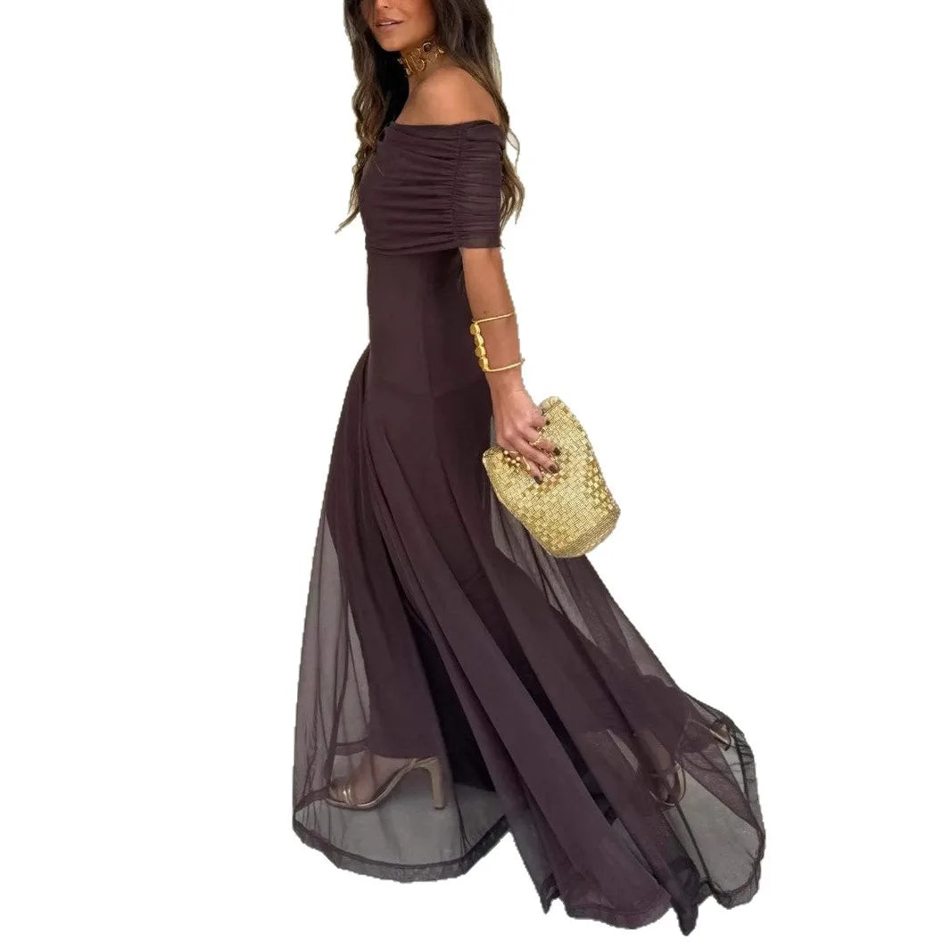 Elegant Mesh Splice Slimming Women'S Dress Artistic Vintage Style Long Skirt Princesse Style One Shoulder Sleeveless Midi Dress