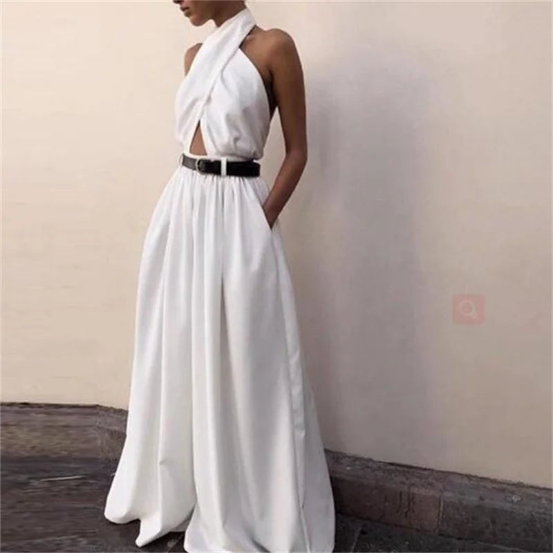 2025 European American Style New Women'S Clothing Fashion Sexy Jumpsuits Sleeveless Halter Neck Halter Jumpsuit Trousers White