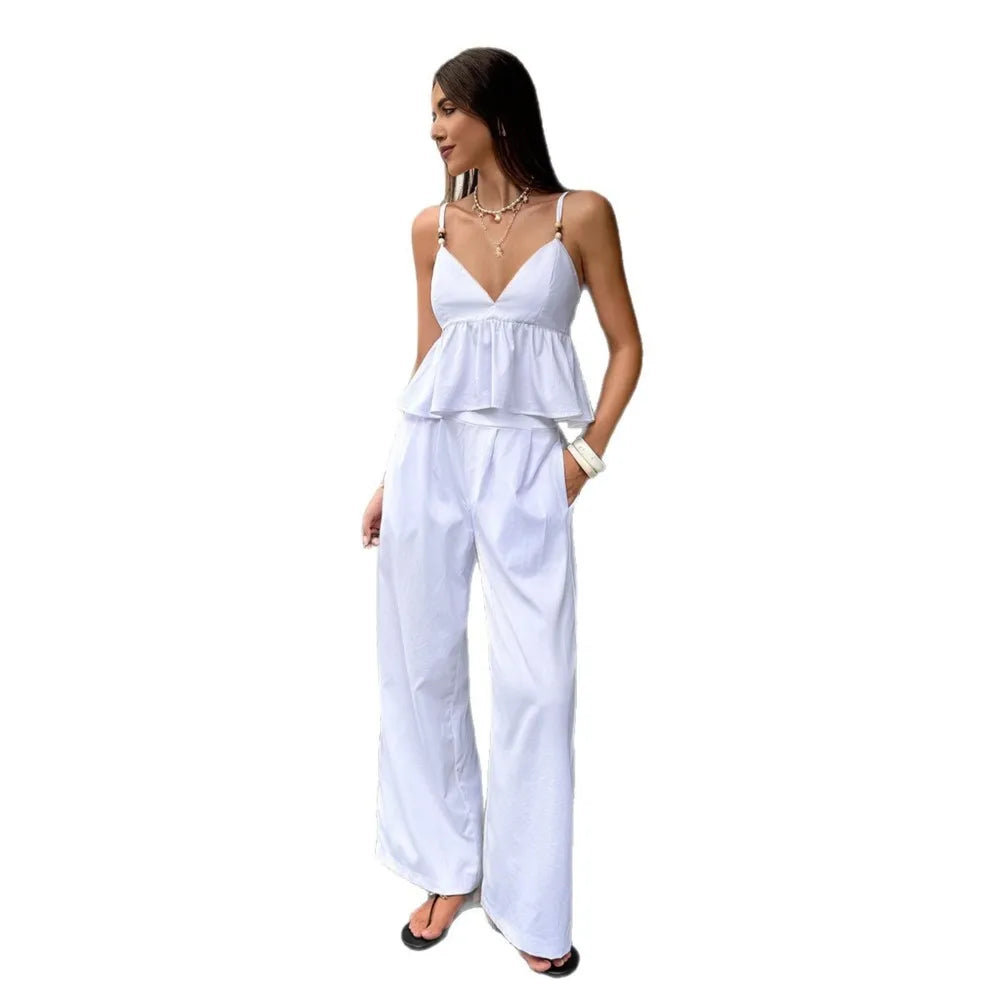 Women'S Two-Piece Solid Color Ruffled V-Neck Halter Top + Wide-Leg Pants Suit Casual Commuting Vacation Beach 2-Pieces Outfit