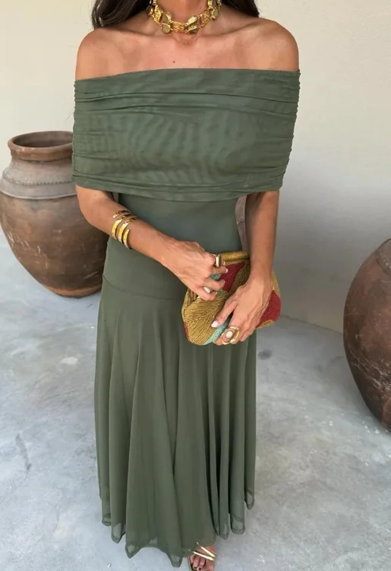 Elegant Mesh Splice Slimming Women'S Dress Artistic Vintage Style Long Skirt Princesse Style One Shoulder Sleeveless Midi Dress