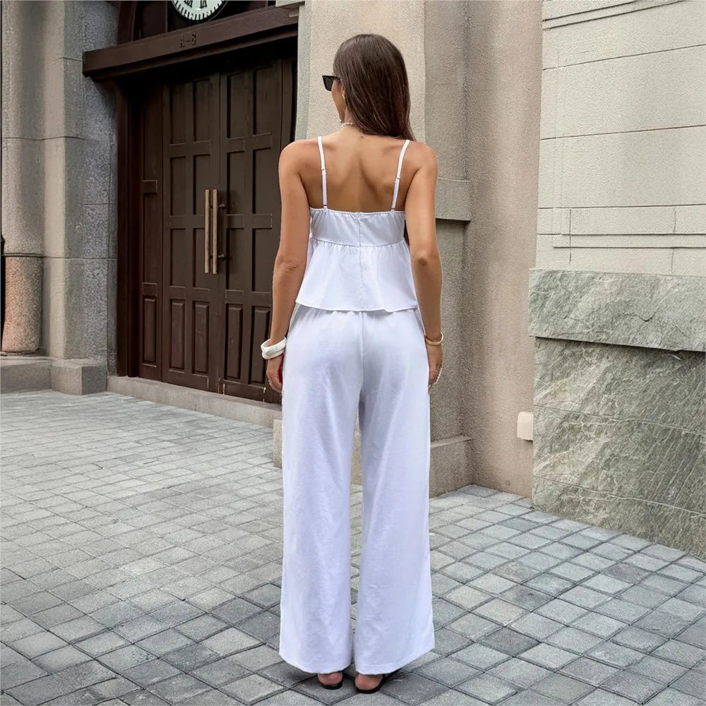 Women'S Two-Piece Solid Color Ruffled V-Neck Halter Top + Wide-Leg Pants Suit Casual Commuting Vacation Beach 2-Pieces Outfit