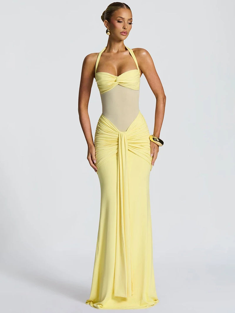 Halter Backless Sexy Maxi Dress Women Fashion Patchwork Off-Shoulder Sleeveless Ruched Draped Bodycon Club Party Dress
